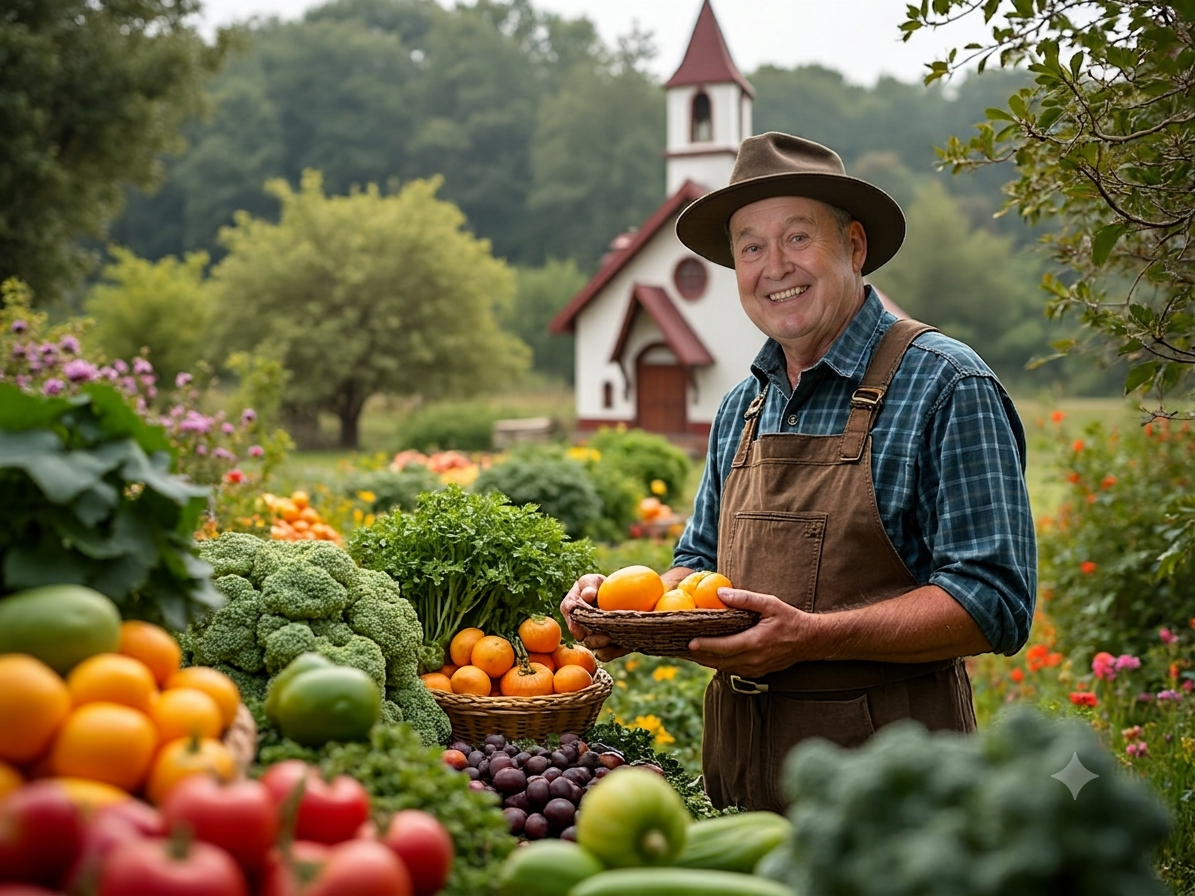 Farmer Greenrake stands in a vegetable garden beside Gardenview Church.