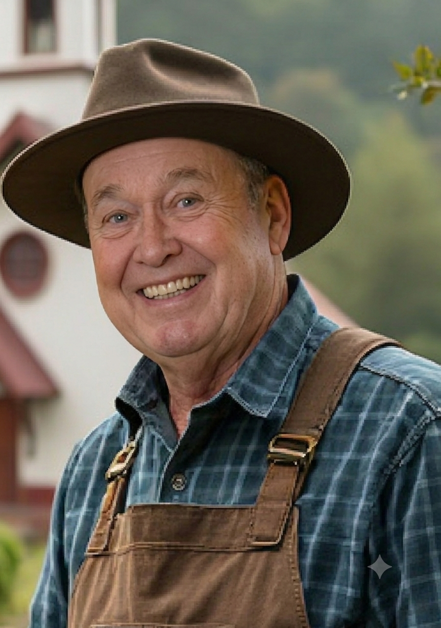 Portrait of Farmer Greenrake in the garden beside the church.